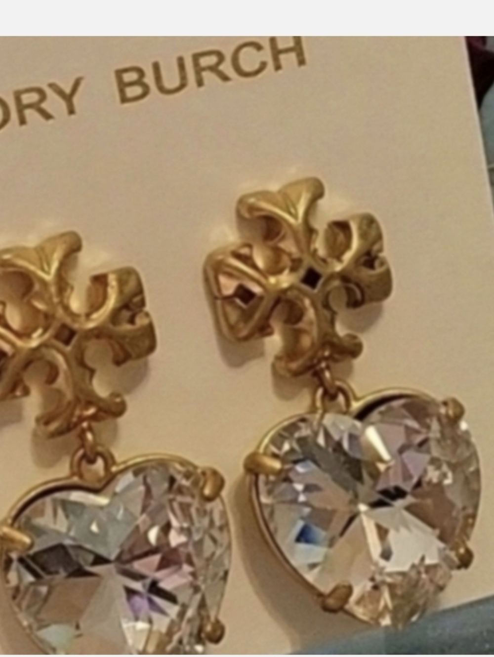 Tory Burch Gold-Tone Heart Drop Crystal Earrings